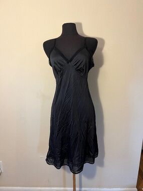 Black Midi Slip Dress with Lace Trim - Women's